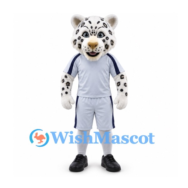 Snow Leopard Mascot Costume with White and Navy Sports Uniform