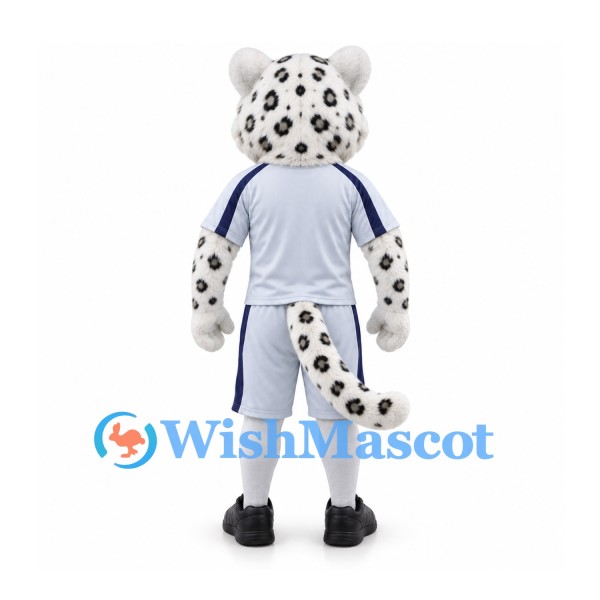 Snow Leopard Mascot Costume with White and Navy Sports Uniform
