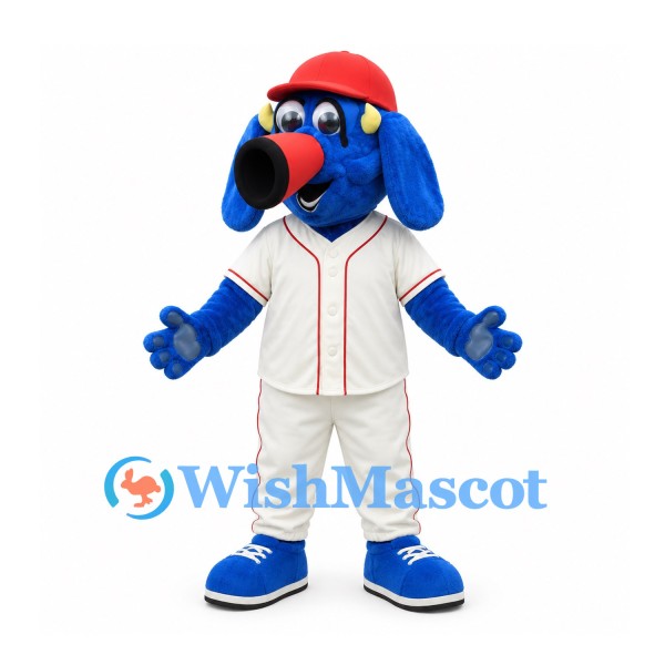 Dog Mascot Costume in Blue with Red Cap and White Baseball Uniform