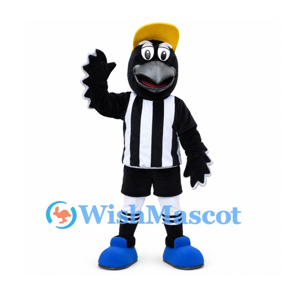 Magpie Mascot Costume with Yellow Cap and Black Striped Sports Shirt