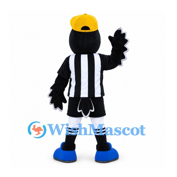 Magpie Mascot Costume with Yellow Cap and Black Striped Sports Shirt