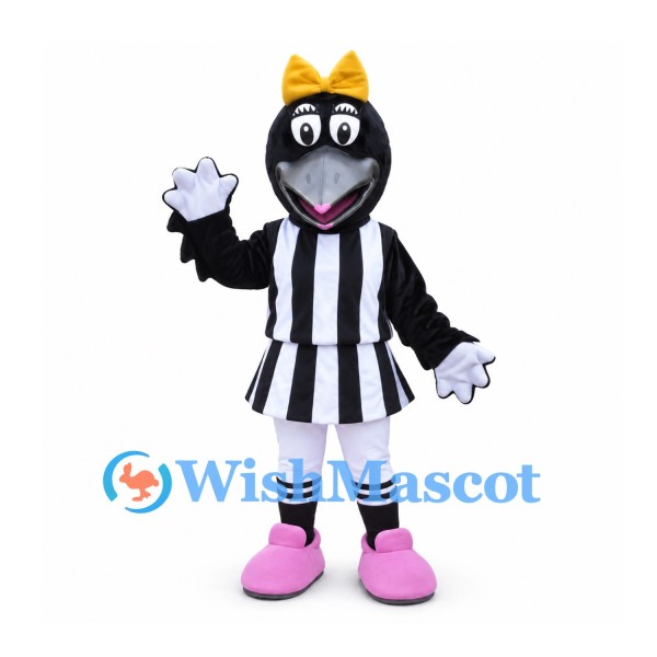 Magpie Mascot Costume with Yellow Bow and Black Striped Cheer Dress