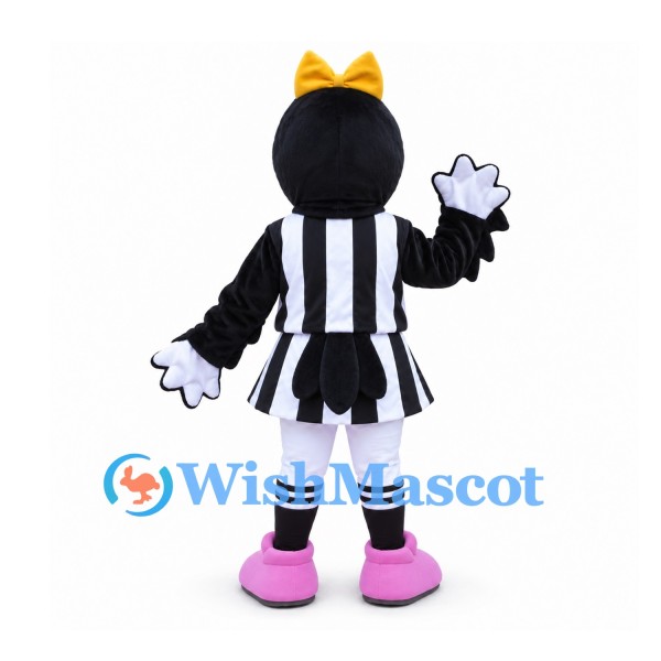 Magpie Mascot Costume with Yellow Bow and Black Striped Cheer Dress