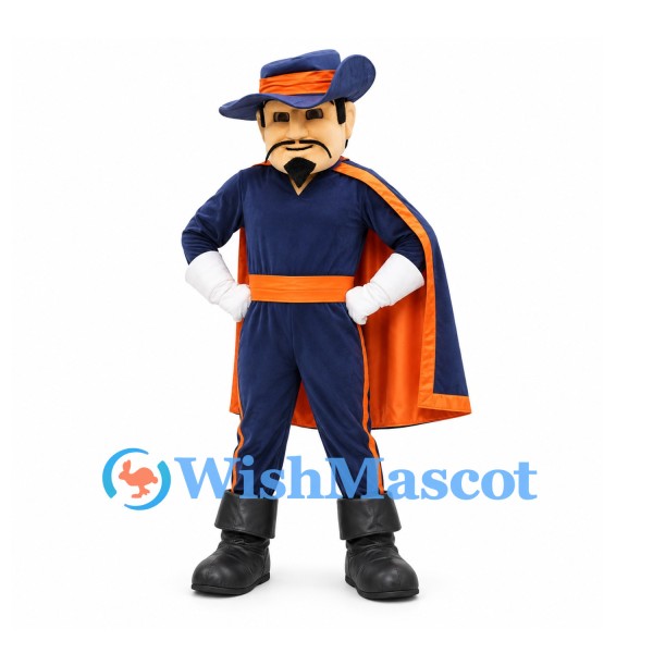 Musketeer Mascot Costume with Navy Hat and Orange Trimmed Cape