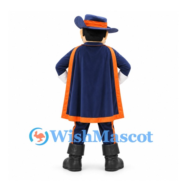 Musketeer Mascot Costume with Navy Hat and Orange Trimmed Cape