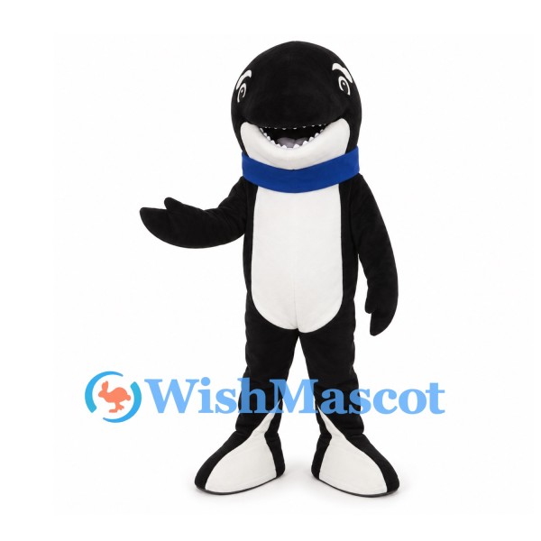 Orca Mascot Costume in Black and White with Blue Scarf