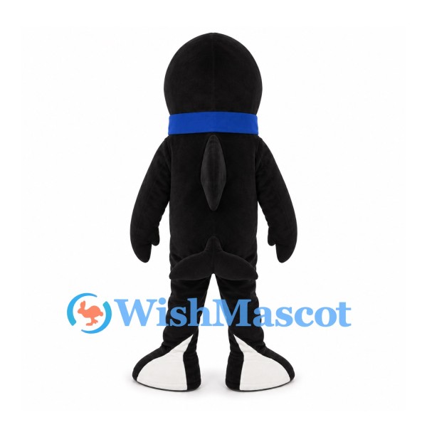 Orca Mascot Costume in Black and White with Blue Scarf