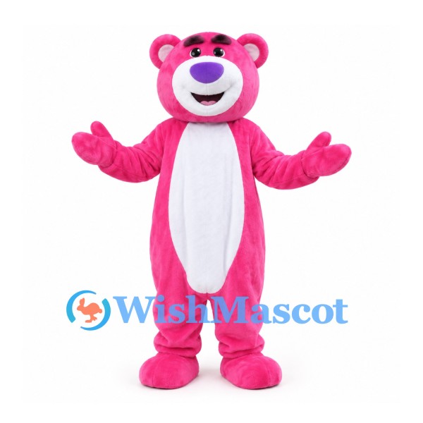 Bear Mascot Costume in Pink with White Belly and Purple Nose
