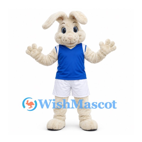 Rabbit Mascot Costume in Cream with Blue Vest and White Shorts