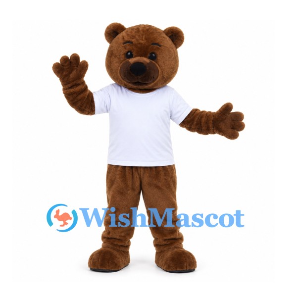 Bear Mascot Costume in Brown with White Shirt