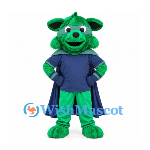 Superhero Dog Mascot Costume in Green with Navy Cape and Eye Mask