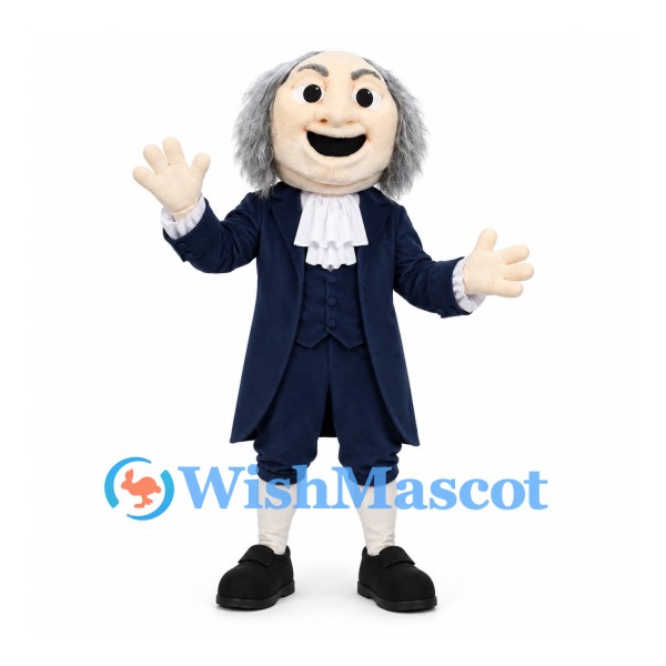 Colonial Gentleman Mascot Costume with Gray Hair and Navy Tailcoat