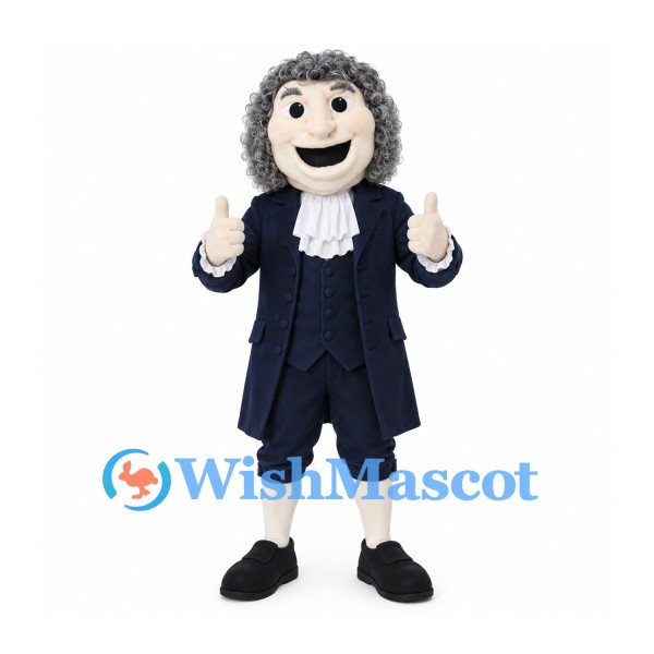 Colonial Gentleman Mascot Costume with Curly Gray Wig and Navy Suit