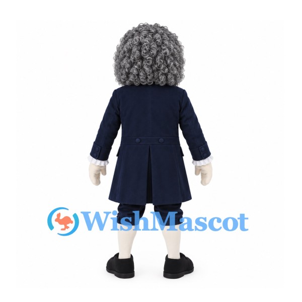 Colonial Gentleman Mascot Costume with Curly Gray Wig and Navy Suit