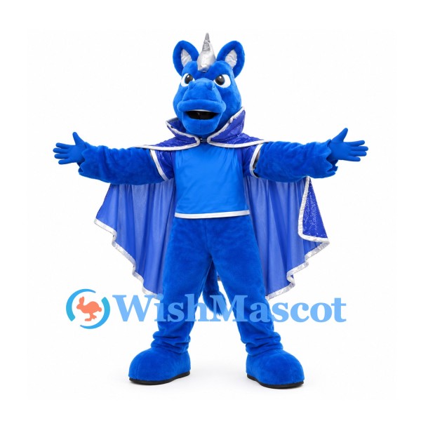 Dragon Mascot Costume in Blue with Wing Cape and White Trim
