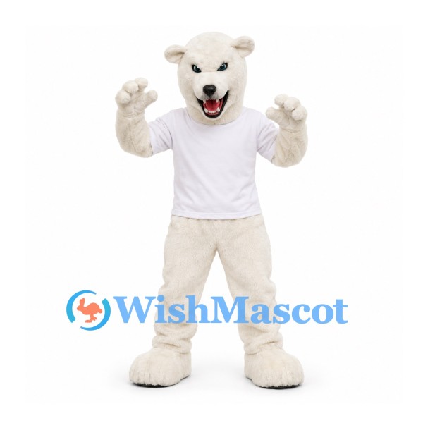 Polar Bear Mascot Costume with White Shirt and Open Mouth