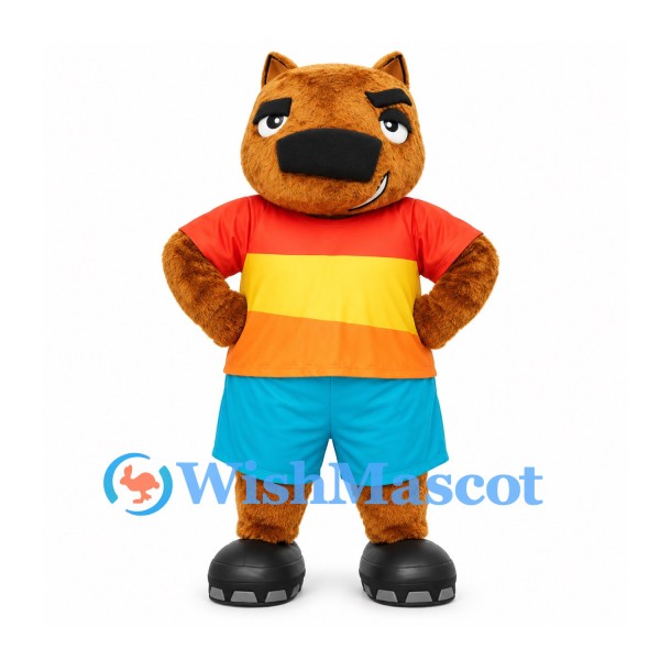 Bear Mascot Costume with Orange Striped Shirt and Turquoise Shorts