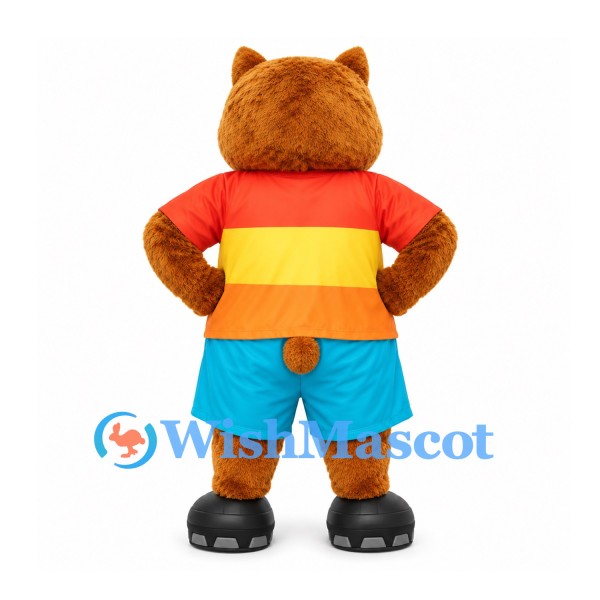 Bear Mascot Costume with Orange Striped Shirt and Turquoise Shorts
