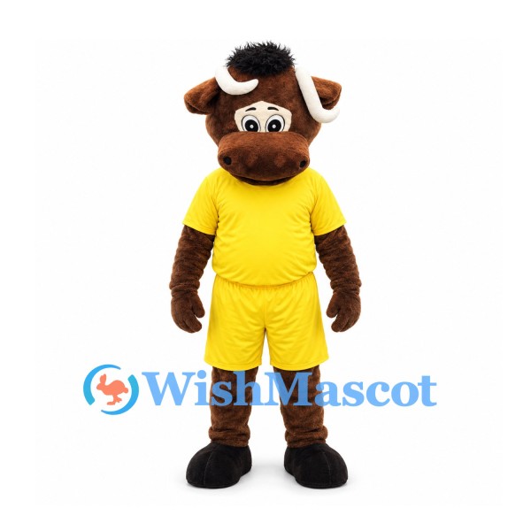 Bull Mascot Costume in Brown with Yellow Sports Uniform