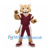 Cougar Mascot Costume with Burgundy Sports Uniform and Green Eyes