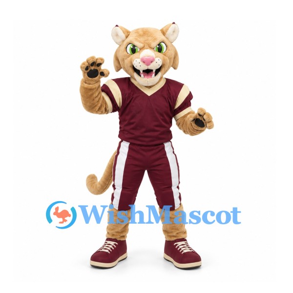 Cougar Mascot Costume with Burgundy Sports Uniform and Green Eyes