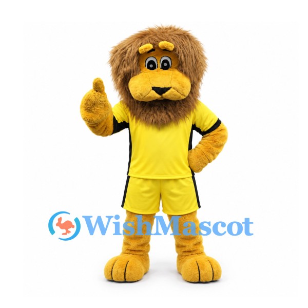 Lion Mascot Costume with Shaggy Brown Mane and Yellow Sports Uniform