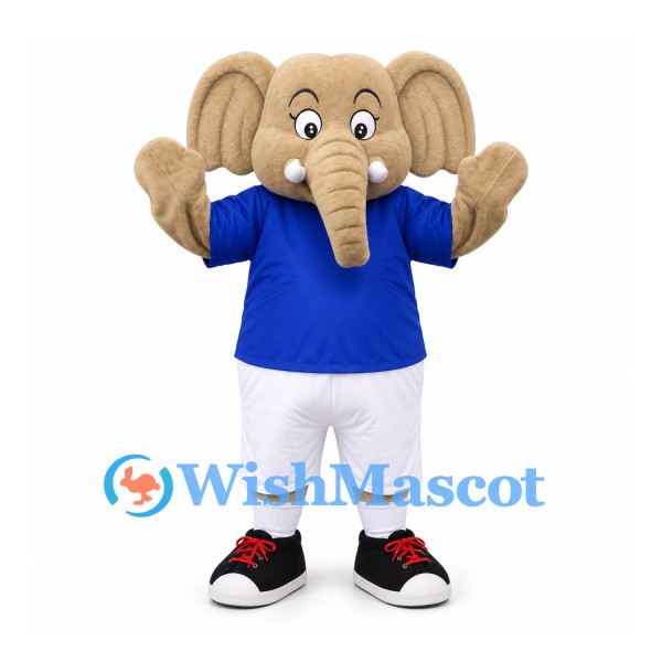 Elephant Mascot Costume in Beige with Blue Shirt and White Shorts