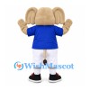 Elephant Mascot Costume in Beige with Blue Shirt and White Shorts