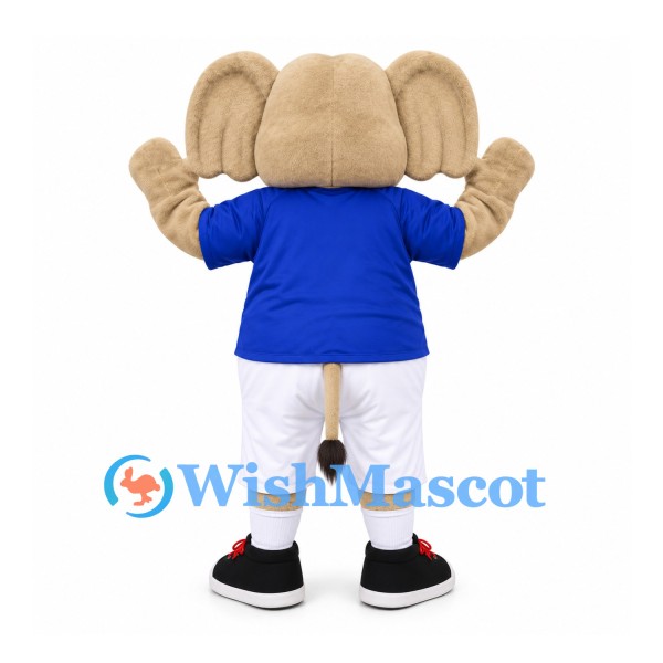 Elephant Mascot Costume in Beige with Blue Shirt and White Shorts