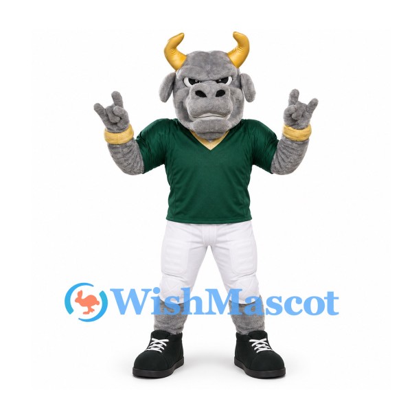 Bull Mascot Costume in Gray with Gold Horns and Green Shirt