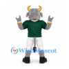 Bull Mascot Costume in Gray with Gold Horns and Green Shirt