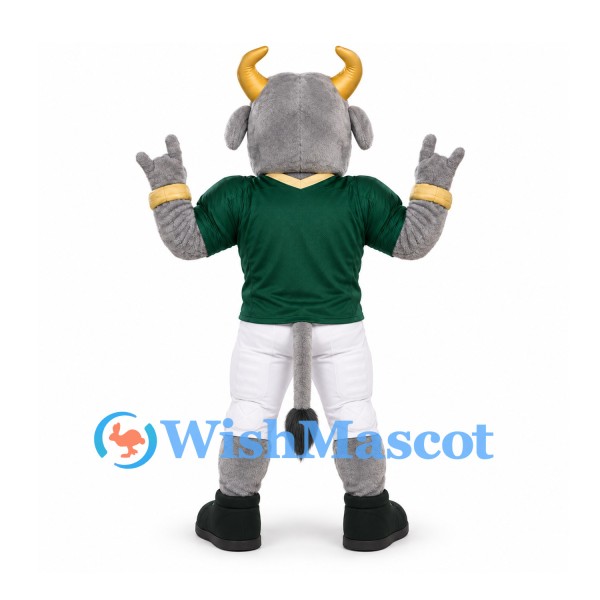 Bull Mascot Costume in Gray with Gold Horns and Green Shirt
