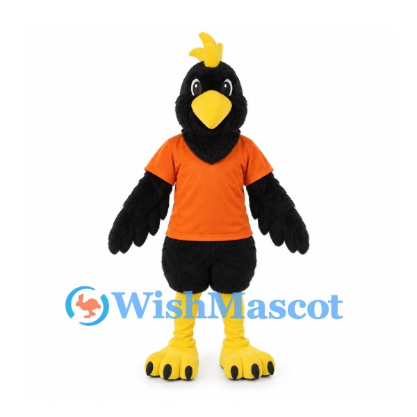Black Bird Mascot Costume with Orange Shirt and Yellow Crest