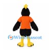 Black Bird Mascot Costume with Orange Shirt and Yellow Crest