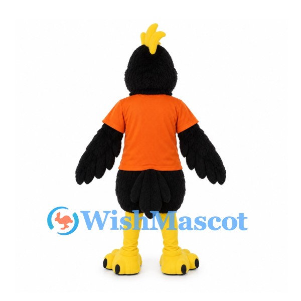 Black Bird Mascot Costume with Orange Shirt and Yellow Crest
