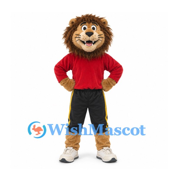 Lion Mascot Costume with Red Shirt and Black Sports Pants