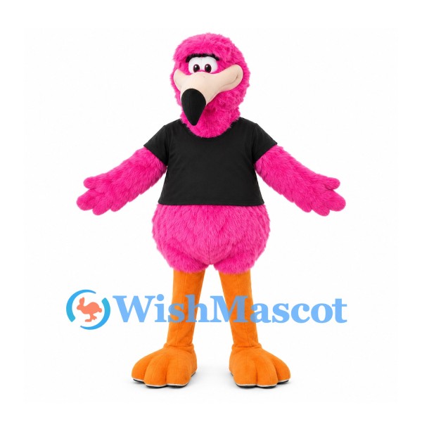 Flamingo Mascot Costume in Pink with Black Shirt
