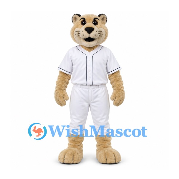 Cougar Mascot Costume in Beige with White Baseball Uniform