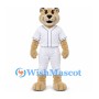 Cougar Mascot Costume in Beige with White Baseball Uniform