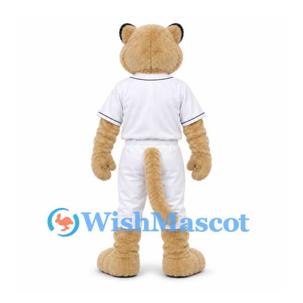 Cougar Mascot Costume in Beige with White Baseball Uniform
