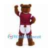 Bear Mascot Costume with Black Headband and Burgundy Sports Uniform