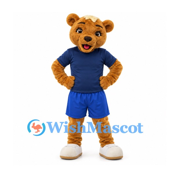 Bear Mascot Costume in Golden Brown with Navy Shirt and Blue Shorts