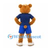Bear Mascot Costume in Golden Brown with Navy Shirt and Blue Shorts