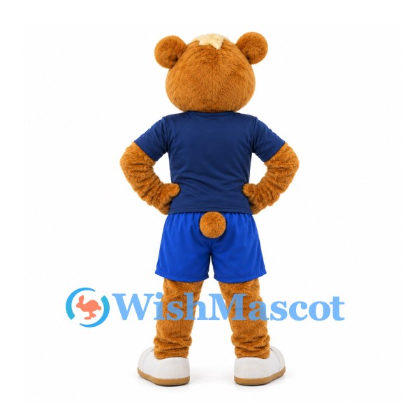 Bear Mascot Costume in Golden Brown with Navy Shirt and Blue Shorts