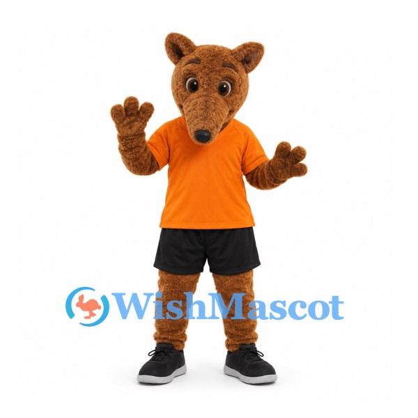Kangaroo Mascot Costume in Brown with Orange Shirt and Black Shorts