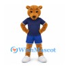 Bear Mascot Costume in Brown with Navy Shirt and Blue Trimmed Shorts