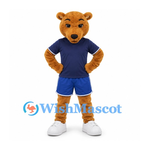 Bear Mascot Costume in Brown with Navy Shirt and Blue Trimmed Shorts