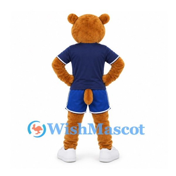 Bear Mascot Costume in Brown with Navy Shirt and Blue Trimmed Shorts