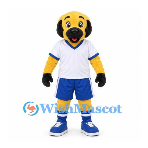 Dog Mascot Costume in Yellow with White Shirt and Blue Shorts