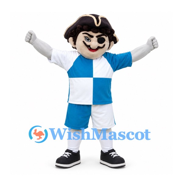 Pirate Boy Mascot Costume with Tricorn Hat and Blue Checkered Uniform
